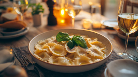 A inviting bowl of fresh ravioli sits on a rustic dinner table, garnished with basil and surrounded by candlelight, perfect for a cozy dining experience.の素材