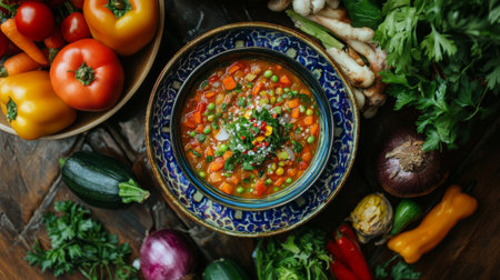 A vibrant bowl of fresh vegetable soup surrounded by colorful ingredients including bell peppers, onions, and herbs, showcasing healthy cooking.の素材