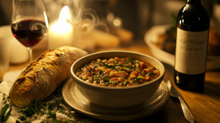 A cozy dinner setting featuring a steaming bowl of soup, crusty bread, and a glass of red wine illuminated by candlelight, evoking warmth and comfort.の素材