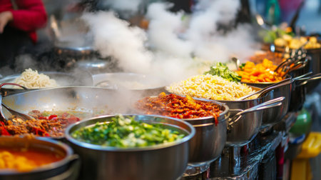 A vibrant street food stall featuring a variety of steaming dishes. Experience the rich flavors and aromas from fresh ingredients and traditional cooking methods.の素材