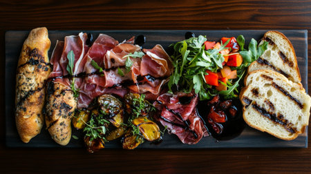 A delicious gourmet charcuterie board featuring fresh meats, cheeses, and a variety of garnishes on a rustic wooden platter, perfect for any gathering.の素材