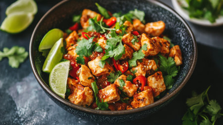 A vibrant bowl of spicy tofu salad garnished with fresh herbs and lime slices. Perfect for a healthy, flavorful meal or a colorful side dish.の素材