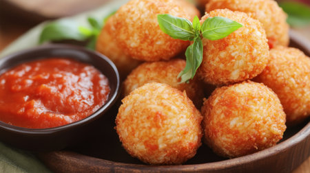 Enjoy a plate of crispy cheese balls served with rich tomato sauce. Perfect for appetizers or snacks at parties, this dish combines crunchy texture and savory flavor.の素材