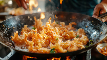 A dynamic scene of crispy fried food cooking in a wok, showcasing sizzling ingredients in bubbling oil with vibrant flames, emphasizing culinary art and flavor.の素材