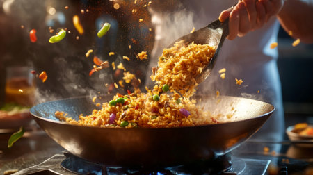 A chef skillfully stir-frying colorful vegetables and rice in a skillet, creating a vibrant scene filled with energy and delicious aromas.の素材