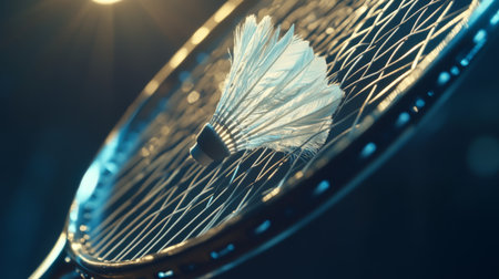 Close-up of a badminton racket with a shuttlecock, capturing the essence of the sport. Ideal for showcasing athletic activities, fitness routines, and competition.の素材
