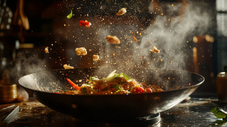 Experience the vibrant energy of cooking with a wok filled with fresh ingredients. Witness the flavorful explosion as spices and herbs create a mouthwatering meal.の素材