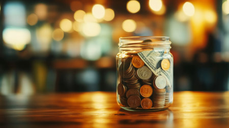 A close-up view of a jar filled with coins, featuring a soft, blurred background. This image symbolizes savings and financial growth in a warm, inviting atmosphere.の素材