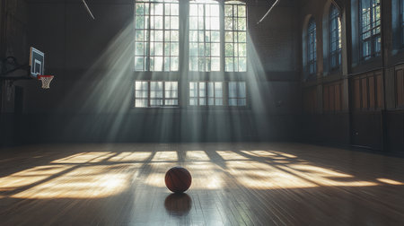 An empty gymnasium illuminated by sunlight beams through large windows, casting dramatic shadows on the wooden floor and showcasing a solitary basketball.の素材