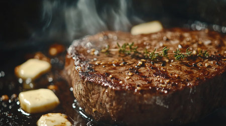A succulent grilled steak garnished with herbs and butter, capturing the warm sizzle and smoke. Perfect for culinary enthusiasts and food lovers.の素材