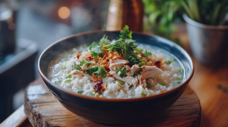 A warm bowl of chicken porridge garnished with fresh herbs and spices. Perfect for breakfast, this dish offers a comforting and flavorful meal.の素材