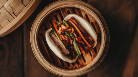 A beautifully presented dish of savory buns filled with meat and vegetables, showcasing vibrant colors and textures, perfect for Asian dining.の素材