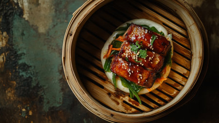 A beautifully arranged gourmet dish in a bamboo steamer featuring vegetables and savory sauce, perfect for showcasing culinary artistry.の素材