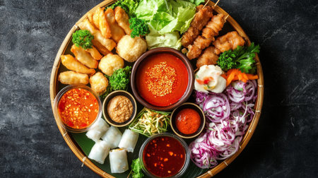 A vibrant platter featuring a variety of Asian dishes including snacks, sauces, and fresh vegetables. Perfect for sharing and enjoying diverse flavors!の素材