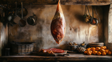 A rustic kitchen scene showcasing a hanging meat, fresh oranges, and various kitchenware, evoking warmth and traditional culinary art. Perfect for food lovers.の素材