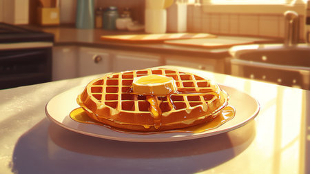A beautifully arranged plate of waffles topped with butter and syrup in a sunlit kitchen, evoking a sense of warmth and comfort for breakfast.の素材