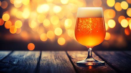 A striking glass of sparkling beer captures the essence of celebration and relaxation, surrounded by a soft, festive bokeh that adds a warm ambiance.の素材
