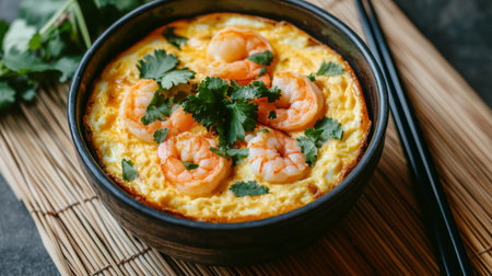 A vibrant shrimp omelette garnished with fresh herbs, served in a rustic bowl on a bamboo mat. Perfect for breakfast or brunch.の素材