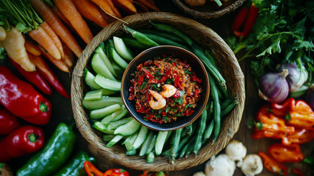 A vibrant display of fresh vegetables surrounding a bowl of spicy dip featuring shrimp. Ideal for culinary and food-related projects showcasing healthy eating.の素材