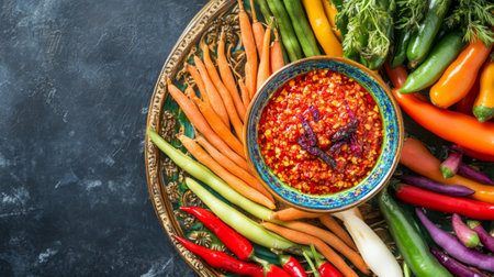 A colorful assortment of fresh vegetables accompanied by a spicy sauce, ideal for enhancing dishes or enjoying as a healthy snack. Perfect for culinary photography.の素材