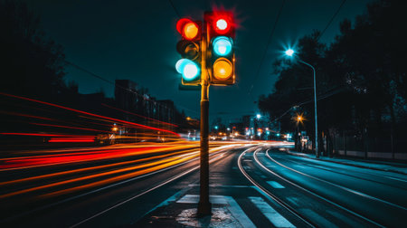 A striking view of a traffic light glowing at night, surrounded by streaks of light from vehicles. This image captures the vibrant energy of urban life.の素材