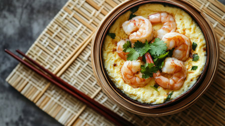 A vibrant shrimp egg custard served in a bamboo steamer, garnished with fresh herbs. Perfect for a healthy meal or a gourmet treat. Enjoy the rich flavors!の素材