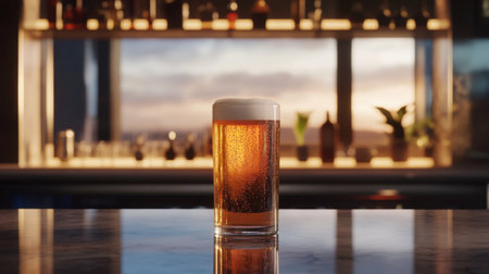A chilled glass of beer with a frothy top sits on a sleek countertop, capturing a relaxed moment in a stylish bar during sunset. Perfect for beverage themes.の素材