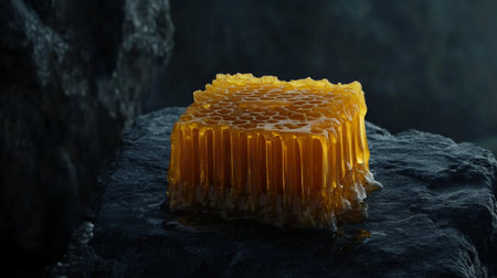 A stunning close-up of a golden honeycomb resting on a dark stone surface. This image captures the natural beauty, texture, and elegance of honey, perfect for food-related themes.の素材