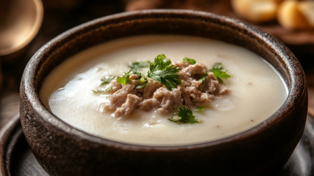 Indulge in a creamy soup featuring tender meat and fresh herbs. Perfect for a comforting meal, this rustic dish boasts rich flavors and a warm presentation.の素材
