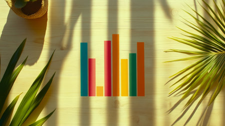 A vibrant bar graph displayed on a wooden surface, surrounded by green plants, representing growth and analysis in a bright, inviting workspace.の素材