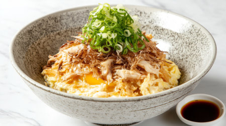 Enjoy a delicious bowl of chicken egg rice topped with fresh green onions and a savory sauce, perfect for a comforting meal any time of day.の素材