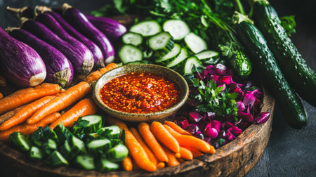 A vibrant arrangement of fresh vegetables including carrots, cucumber, eggplant, and green herbs with a bowl of spicy sauce, perfect for culinary presentations.の素材