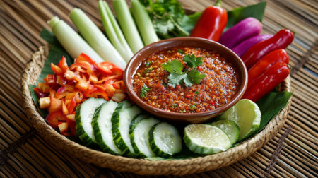 A vibrant platter featuring fresh vegetables and a spicy dipping sauce. Ideal for healthy meals, this arrangement showcases bright colors and textures.の素材