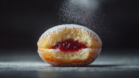 A delectable close-up of a sweet filled donut dusted with powdered sugar, featuring a luscious jam filling, perfect for dessert lovers and food photography.の素材