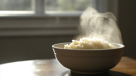A steaming bowl of freshly cooked rice sits on a table, emitting warm steam. The inviting aroma and texture make it a comforting meal perfect for any occasion.の素材