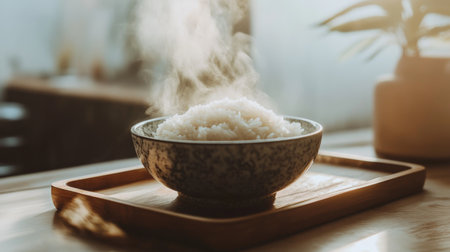 A steaming bowl of fresh rice sits on a wooden tray, creating a warm and inviting atmosphere. Perfect for culinary themes or food-related content.の素材