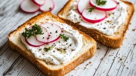 Delightful toast topped with cream cheese and fresh radish slices, garnished with parsley, perfect for a healthy breakfast or snack option.の素材