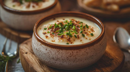 A cozy bowl of creamy soup topped with fresh herbs and crunchy bits, set on a rustic wooden surface, perfect for a comforting meal.の素材