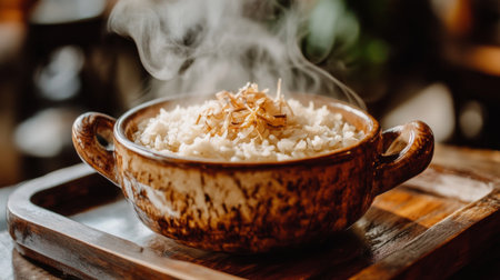 A steaming bowl of garnished rice showcases culinary delight in a rustic wooden setting, emphasizing warmth and comfort in every serving.の素材