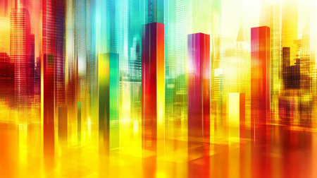 This vibrant abstract image showcases a colorful urban landscape with vertical lines, creating a dynamic and futuristic atmosphere, perfect for modern design projects.の素材