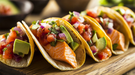 Enjoy a vibrant plate of fresh salmon tacos topped with avocado and salsa. Perfect for a healthy meal or snack, these tacos highlight vibrant colors and flavors.の素材