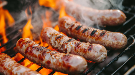 Juicy sausages sizzling on a barbecue grill, surrounded by flames and smoke. Perfect for summer gatherings and outdoor events, showcasing delicious cooking.の素材