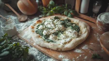 A rustic kitchen scene featuring a fresh spinach and cheese pizza ready for baking. The vibrant ingredients and textures highlight a culinary delight.の素材