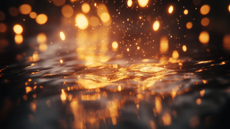 A captivating close-up of golden bokeh reflections on a tranquil water surface. This image evokes a serene atmosphere, perfect for artistic projects.の素材