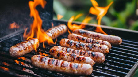 Juicy sausages are grilling on a barbecue with vibrant flames. The outdoor setting captures the essence of summer cooking and delicious flavors.の素材
