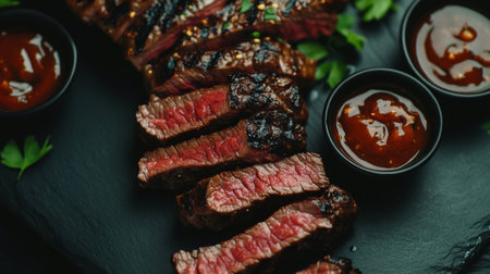 Mouthwatering grilled steak slices served with rich barbecue sauce on a stylish black slate plate. Perfect for culinary enthusiasts and food lovers.の素材