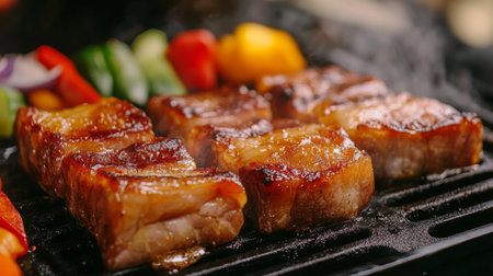 Juicy grilled meat served with vibrant vegetables on a barbecue grill, perfect for summer meals, outdoor gatherings, and culinary enthusiasts.の素材
