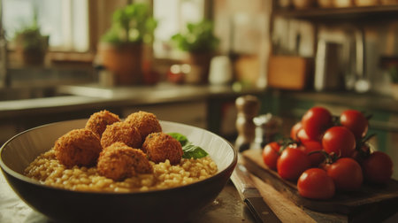 Explore a delicious plate of crispy balls served over grains, surrounded by fresh tomatoes. This rustic kitchen scene captures the essence of home-cooked comfort and culinary creativity.の素材