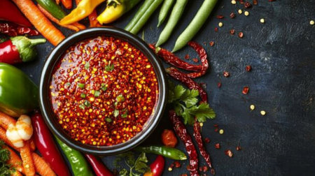 A vibrant arrangement of spicy chili sauce surrounded by fresh vegetables, showcasing an array of colors and textures for cooking and garnishing delicious meals.の素材