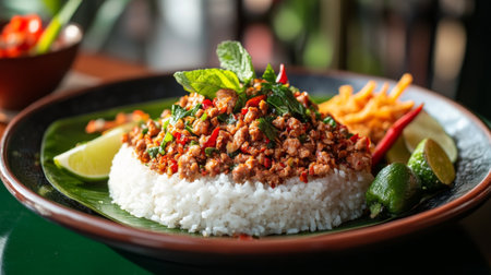 A vibrant dish featuring stir-fried meat garnished with fresh herbs, served over fluffy rice, accompanied by lime and chili. Perfect for food lovers!の素材